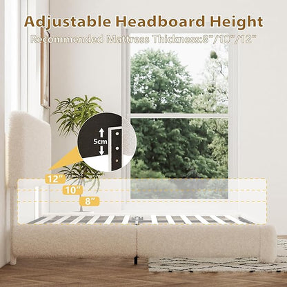 Queen Size Boucle Bed Frame, Upholstered Cloud Platform Bed Frame with Adjustable Headboard, Vertical Tufted, Soft Rounded Corners, No Box Spring Needed, Noise Free Design, Easy Assembly, Beige