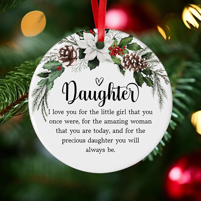 Daughter Christmas Ornaments 2025 - Gift from Parents Dad Mom Ornament for Daughter - Inspirational Gift for Her Girls Holiday Decor - Ceramic Christmas Ornament Hanging Tree