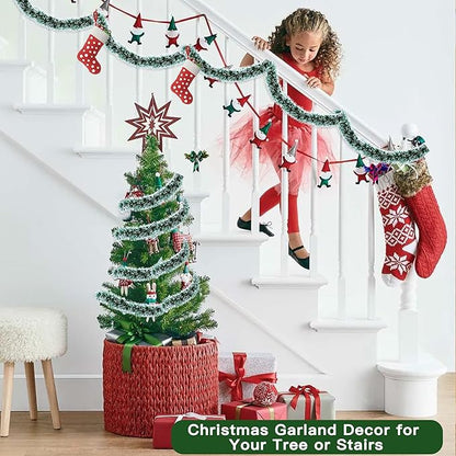 50 Feet Green White Christmas Tinsel Garland Metallic Twist Shiny Garland for Christmas Tree Decorations, Xmas Hanging Decor Xmas Tree Decor for Home Office Mantle Indoor Outdoor Holiday Party