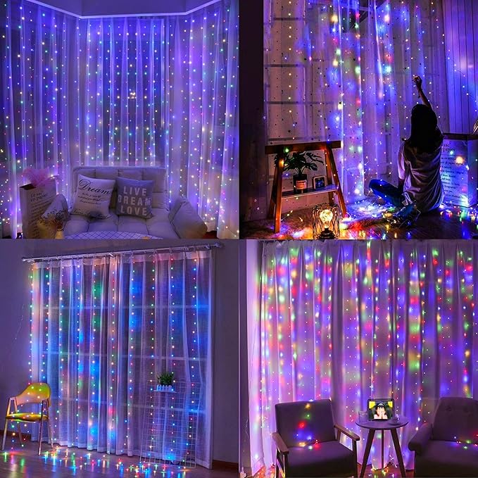 Dazzle Bright 300 LED Curtain String Lights, Christmas Fairy Lights for Bedroom with 8 Lighting Modes, Connectable Waterproof Window Lights Party Wedding Garden Wall Decor, Multi-Colored