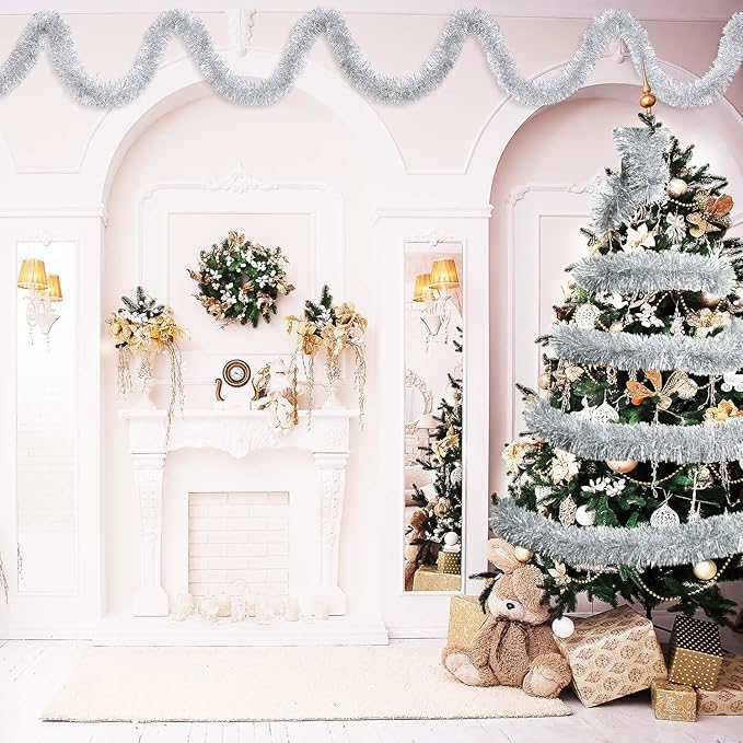 WILLBOND 50 ft Christmas Tinsel Garland Metallic Tinsel Twist Garland Christmas Tree Decorations New Year Wedding Birthday Hanging Decorations Party Supplies, 3 Inch(Silver)