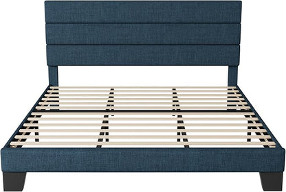 Allewie King Size Platform Bed Frame with Fabric Upholstered Headboard and Wooden Slats Support, Fully Upholstered Mattress Foundation/No Box Spring Needed/Easy Assembly, Navy Blue