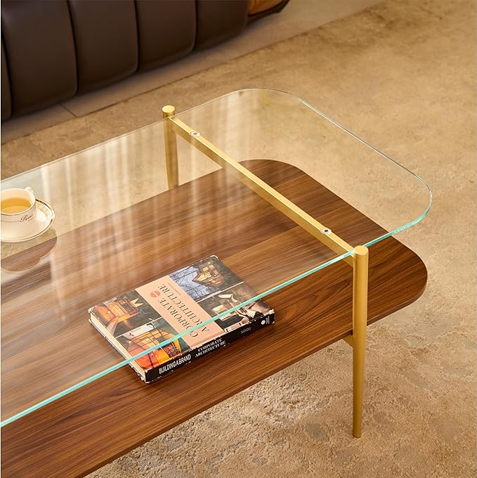Saint Mossi Tadio Oval Glass Coffee Table, Double Layer Coffee Table for Living Room, Clear Glass & Coffee Brown MDF Bottom Shelf, H17xL47xW21