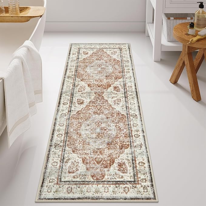 Uphome Bathroom Runner, Distressed Tribal Farmhouse Orange Bathroom Mat, Large Bathroom Rugs Non Slip Washable, Oriental Retro Boho Bath Mat Runner for Bathtub Sink Laundry, 24x59 inch
