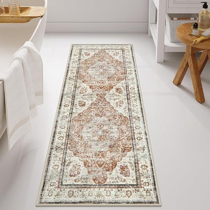 Uphome Bathroom Runner, Distressed Tribal Farmhouse Orange Bathroom Mat, Large Bathroom Rugs Non Slip Washable, Oriental Retro Boho Bath Mat Runner for Bathtub Sink Laundry, 24x59 inch