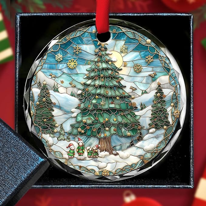 Christmas Christmas Tree Glass Ornament 2025 - Ornament Glass Hanging Decoration for Holiday Tree - Cheerful Xmas Keepsake Gift - Circular Festive Accent for Home or Workspace/A02