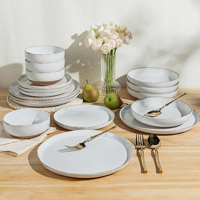 AmorArc 32 Pieces Ceramic Dinnerware Sets for 8, Handpainted Plates and Bowls Set with Rustic Terracotta Underside, Scratch Resistant Stoneware Dishes Set, Dishwasher & Microwave Safe,White