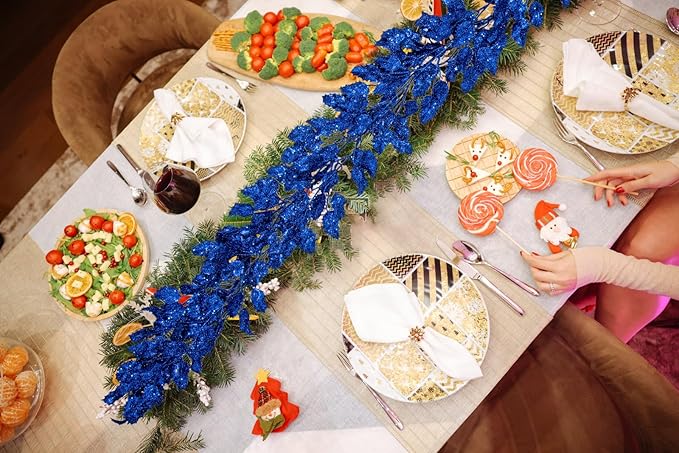 3 Pcs 6FT Christmas Garland Blue Glittered Artificial Holly Leaves for Mantle Christmas Tree Decorations Indoor Outdoor Hanging Garland Ornaments Garden Door Wall Window Stair Holiday Home Decor