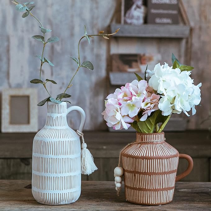 Farmhouse Vase with Handle and Tassel, Grey Yellow Vertical Stripes Design Clay Vase 10'' Tall - Ceramic Flower Vase for Rustic Home Decor, for Fireplace Kitchen Living Room Centerpieces