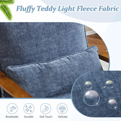 VINGLI Solid Wood Wide Armrests Accent Chair,Upholstered Mid Century Modern Chair with Pillow,Comfy Reading Chair Farmhouse Arm Chair,Chairs Living Room,Bedroom,Guest Room,Teddy Fleece,Khaki