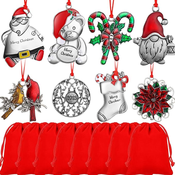Zhengmy 8 Pieces Christmas Ornaments 2025 Solid Pewter Christmas Tree Ornament Metal Gnomes Santa Angel Snowman Hanging Craft Xmas Gifts with Red Bags(Vivid)
