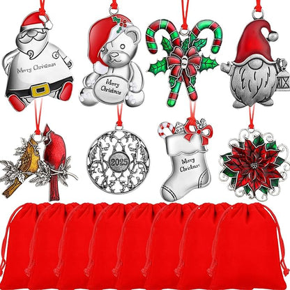 Zhengmy 8 Pieces Christmas Ornaments 2025 Solid Pewter Christmas Tree Ornament Metal Gnomes Santa Angel Snowman Hanging Craft Xmas Gifts with Red Bags(Vivid)