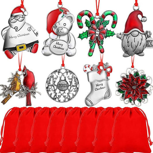 Zhengmy 8 Pieces Christmas Ornaments 2025 Solid Pewter Christmas Tree Ornament Metal Gnomes Santa Angel Snowman Hanging Craft Xmas Gifts with Red Bags(Vivid)