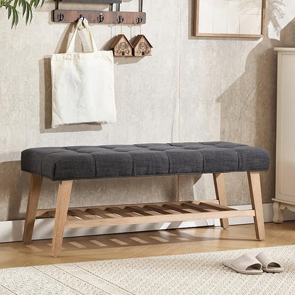 Farmhouse Storage Entryway Bench with Shoe Shelf, Linen Fabric Upholstered 2 Tier Button Tufted Bench with Wooden Frame for End of Bed/Hallway/Reception/Living Room, Charcoal