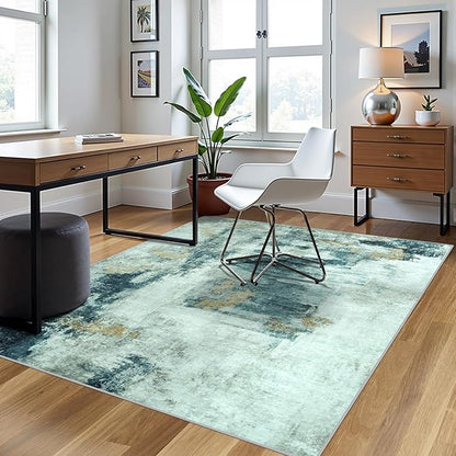 4x6 Area Rugs for Living Room Rug Washable: Abstract Rug for Dining Room Bedroom Carpet Non Slip 4 by 6 Indoor Modern Nursery Home Office Teal Grey Gold