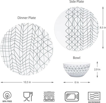 BZYOO 12 Piece Ceramic Dinnerware Set Modern Contemporary Design Plates and Bowls for Dining Glossy White Stoneware Dishes Set Microwave And Dishwasher Safe (Spidy Collection)