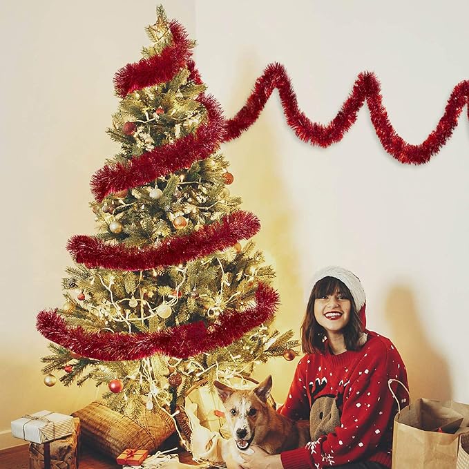 WILLBOND 50 ft Christmas Tinsel Garland Metallic Tinsel Twist Garland Christmas Tree Decorations New Year Wedding Birthday Hanging Decorations Party Supplies, 3 Inch(Red)