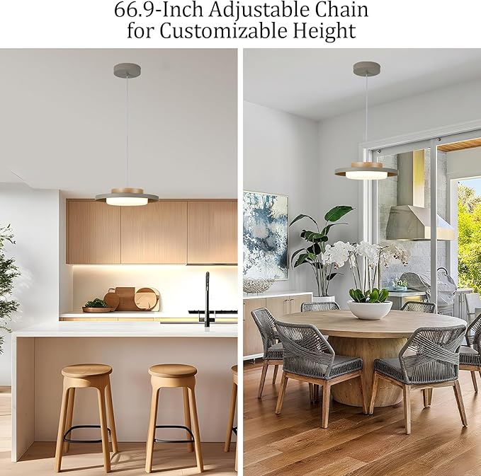 Modern Pendant Lights,15 inch,Natural Wood Cap,3000K/Warm White/22W Dimmable,LED Pendant Light Fixtures for Kitchen, Dining Room, Living Room,Gray