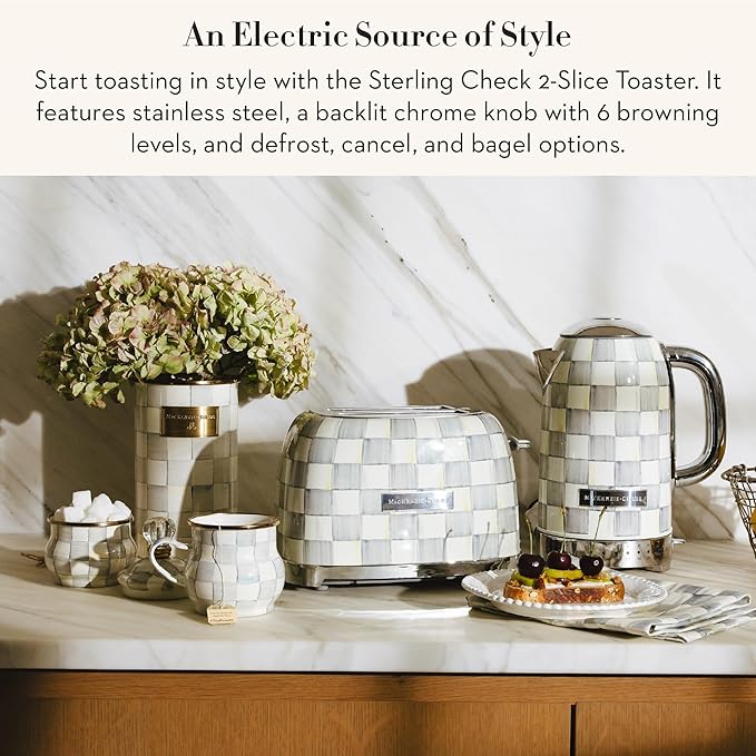 MACKENZIE-CHILDS 2-Slice Toaster, Decorative Toaster for Kitchen, Gray-and-White Sterling Check