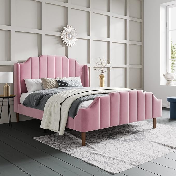 SHA CERLIN Upholstered Queen Size Bed Frame with Modern Curved Velvet Wingback Headboard, Heavy Duty Wood Platform Bed with Strong Wood Slat Support, No Box Spring Needed, Pink