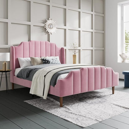 SHA CERLIN Upholstered Queen Size Bed Frame with Modern Curved Velvet Wingback Headboard, Heavy Duty Wood Platform Bed with Strong Wood Slat Support, No Box Spring Needed, Pink