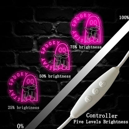 Ghost holding a cat Stay Spooky Neon Sign, Funny Halloween Party Wall Decor, Spooky Season Room Sign for Boo Wall Decor Neon Light for Bar Man Cave Home Yard Decoration Funny Spooky Vibes-Pink