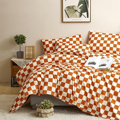 CLOTHKNOW Rust Beige Plaid California King Comforter Set Checker Bedding Comforter Sets Geometric Buffalo Comforter with 2 x Pillow Cases