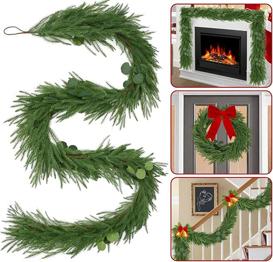 9FT Christmas Norfolk Pine Garland with Eucalyptus Real Touch Faux Greenery Garland Realistic Artificial Christmas Winter Holiday Decor Indoor Outdoor for Xmas Mantle,Stairs,Window,Fireplace