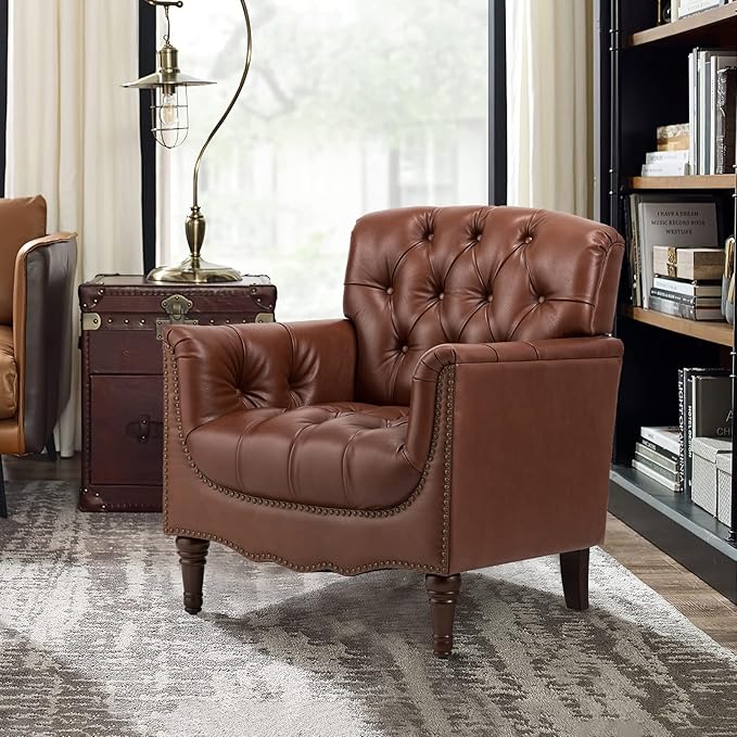 HULALA HOME Mid Century Modern Leather Club Chairs Set of 2, Top-Grain Genuine Leather Armchairs with Button-Tufted Back & Solid Wood Legs, Accent Chairs for Living Room/Bedroom/Home Office, Brown