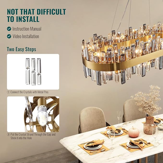 Siljoy 16-Light Modern Crystal Chandelier for Dining Room, Luxury Gold Rectangular Crystal Raindrop Chandelier, Farmhouse Oval Adjustable Pendant Ceiling Light for Living Room Kitchen Island L35.4''