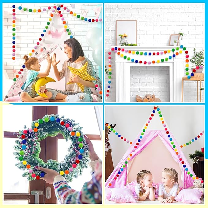 MARFOREVER 4 Pack 26.3 Feet Colorful Christmas Pom Pom Garland Decorations, 30 Balls Rainbow Felt Ball Garland Christmas Garlands Hanging Supplies for Xmas Tree Classroom Birthday Party Wall Decor