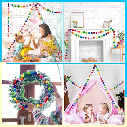 MARFOREVER 4 Pack 26.3 Feet Colorful Christmas Pom Pom Garland Decorations, 30 Balls Rainbow Felt Ball Garland Christmas Garlands Hanging Supplies for Xmas Tree Classroom Birthday Party Wall Decor