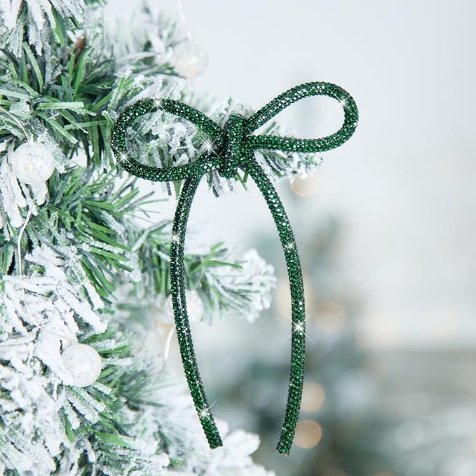 FLAIR GIFTS 6 Pcs 4.3" x 6" 2025 Christmas Bows for Tree Decor, Green Sparkly Glitter Rhinestone Bow Ornaments with Twist Tie for Xmas Decoration, Wreath, Garland, Gift Wrapping