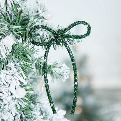 FLAIR GIFTS 6 Pcs 4.3" x 6" 2025 Christmas Bows for Tree Decor, Green Sparkly Glitter Rhinestone Bow Ornaments with Twist Tie for Xmas Decoration, Wreath, Garland, Gift Wrapping