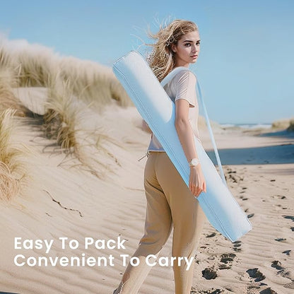 PHI VILLA 7ft Beach Umbrella with Fringe & Sand Anchor, Outdoor Patio Heavy Duty Windproof Portable Tassel Umbrellas for Sand with Push Button Tilt & Carrying Bag, UPF 50+, Light Blue (No Base)