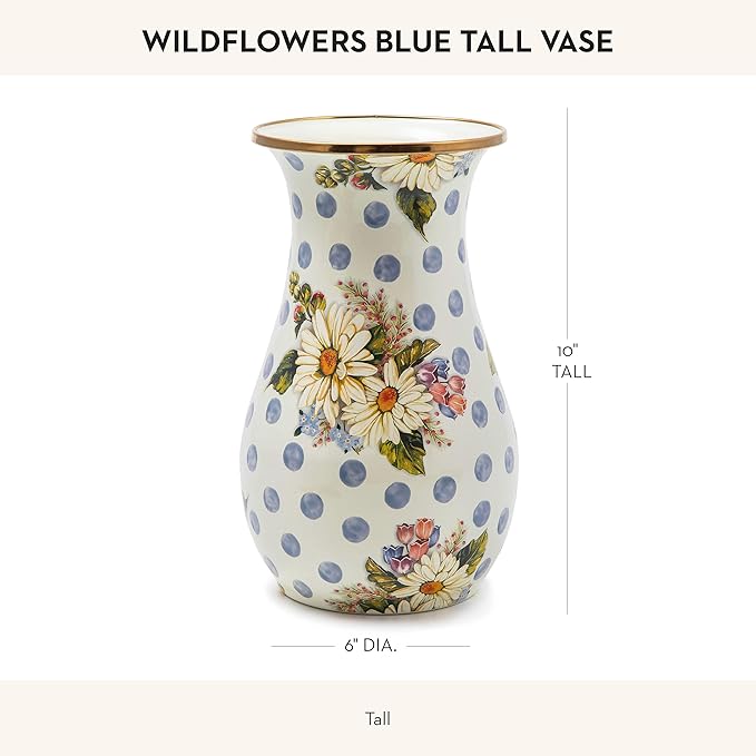 MACKENZIE-CHILDS Tall Enamel Vase, Unique Flower Vase-Decor for Living Room, Blue Wildflowers
