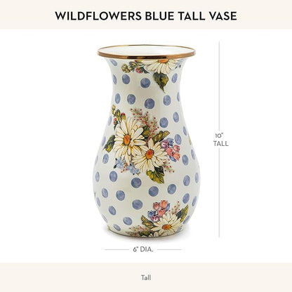 MACKENZIE-CHILDS Tall Enamel Vase, Unique Flower Vase-Decor for Living Room, Blue Wildflowers