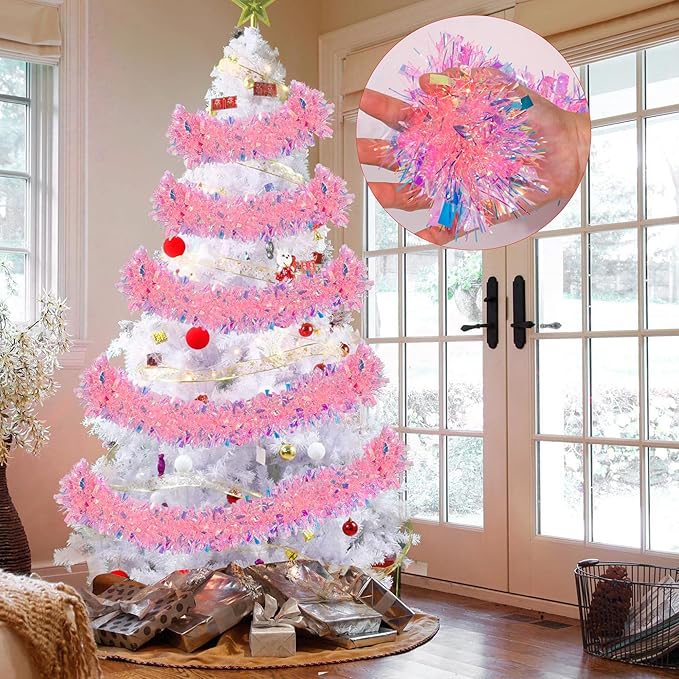 50 Feet Pink Christmas Tinsel Garland for Christmas Tree Decorations, Xmas Metallic Twist Shiny Hanging Garland Decor for Mantle Stairs Fireplace Home Holiday Indoor Outdoor