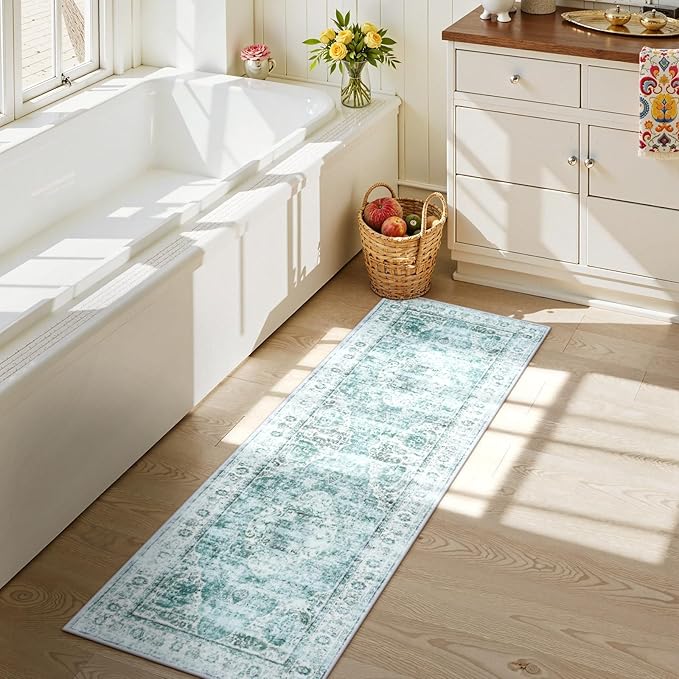 Uphome Bathroom Rugs Runner, Distressed Farmhouse Boho Sage Green Bath Mat, Non Slip Washable Long Bath Rugs, Vintage Traditonal Soft Velvet Bathroom Runner for Bathtub Sink Shower, 18x47 inch