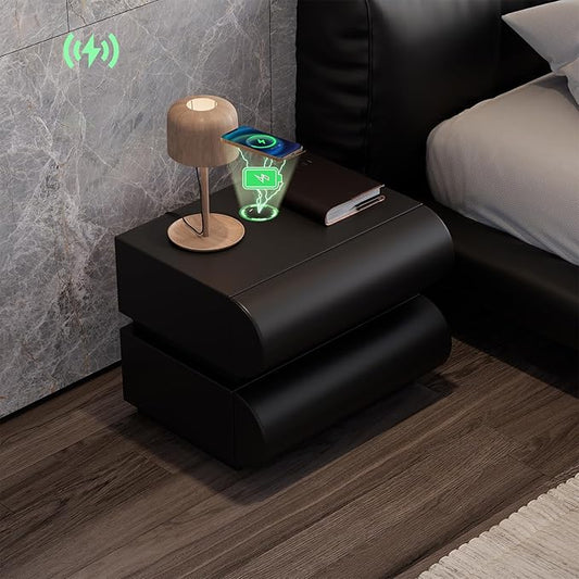 homary Smart Nightstand Modern Black Leather Nightstands with Wireless Charger Bedside Table with 2 Drawers for Bedrooms Living Rooms Offices 19.7" W x 15.7" D x 15.7" H