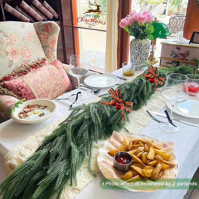 Christmas Garlands Norfolk Pine - Real Touch Pine Garlands - Garlands Christmas Decorations for Home Dining Table Mantel Porch Winter Christmas Decor(6ft)