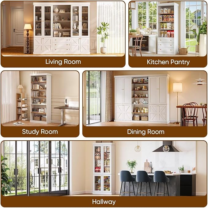 Vyre 70.8" Tall White Bookshelf, Farmhouse Modular Bookcase with 6-Tier Adjustable Shelves, Large Storage Cabinet for Home Office, Living Room, Set of 4