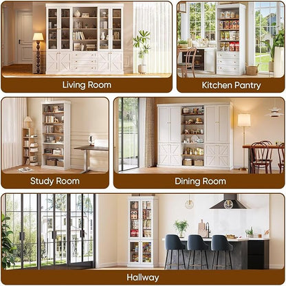 Vyre 70.8" Tall White Bookshelf, Farmhouse Modular Bookcase with 6-Tier Adjustable Shelves, Large Storage Cabinet for Home Office, Living Room, Set of 4