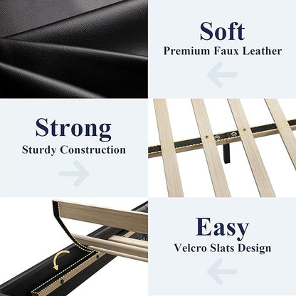 Allewie King Size Bed Frame with Adjustable Headboard, Faux Leather Platform Bed with Wood Slats, Heavy Duty Mattress Foundation, No Box Spring Needed, Noise-Free, Easy Assembly, Black