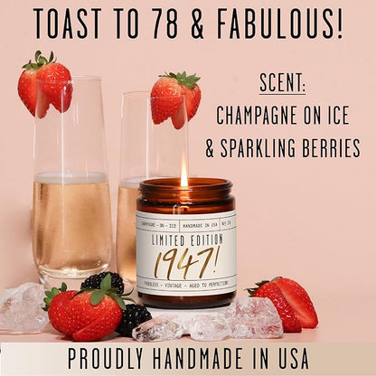 78th Birthday Gifts for Women - 'Limited Edition 1947' Soy Candle, w/Champagne on Ice I 78 Birthday Gifts for Women I 78th Birthday Gift for Her Ideas I 9oz Reusable Jar, 50Hr Burn, Made in USA