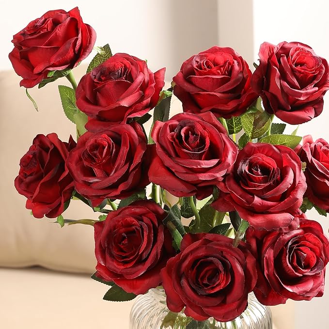 Nubry 100pcs Artificial Silk Roses Bulk,Fake Roses Flower with Stems Realistic Flowers for Wedding Centerpiece Home Party Decor(Burgundy)