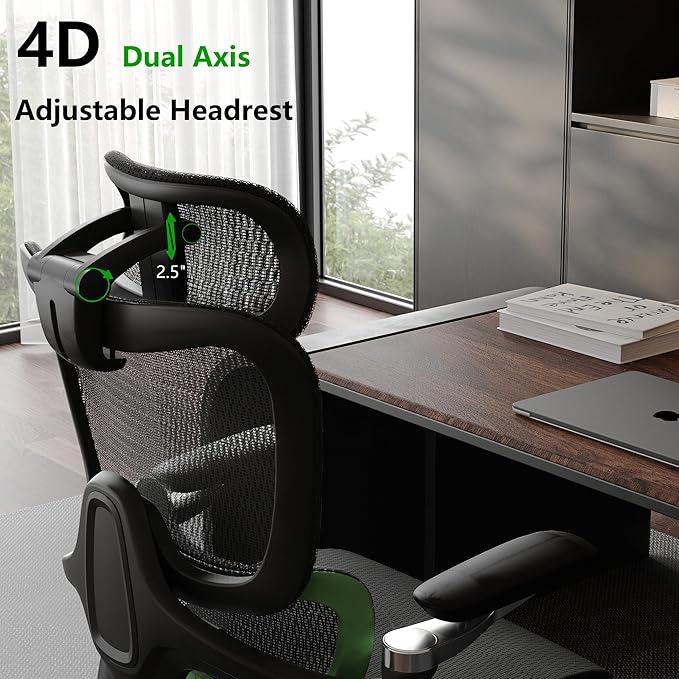 Ergonomic Office Chair, Mesh Home Desk Chair with Adaptive Lumbar Support, Gaming Chair with Headrest, 5D Armrest,90-130°Tilt, BIFMA Certified, Model Zen (Green)
