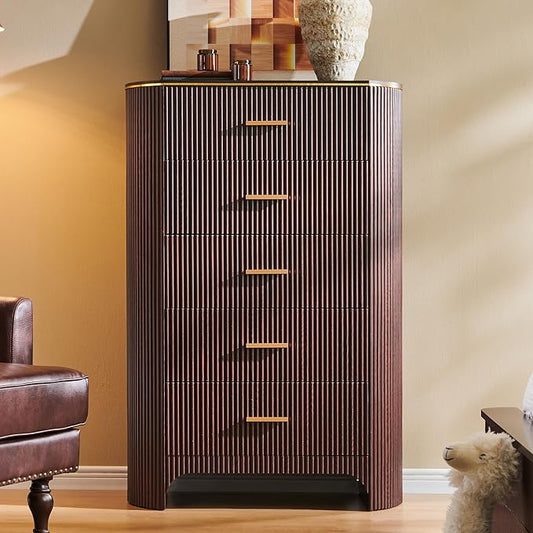 Fluted 5 Drawer Tall Dresser with Curved Profile,47.8" Tall Drawers with Reeded Texture,Gold Handles Storage Organizer Cabinet for Bedroom,Living Room,Entryway,Brown Oak