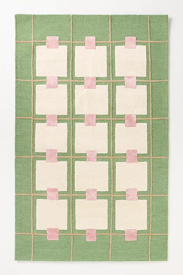 Greer Wool Area Rug - Soft Hand-Tufted Geometric Design with Pink and Green Color Palette, Perfect for Modern Home Decor (7x7 Ft Square)