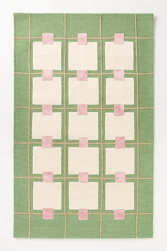 Greer Wool Area Rug - Soft Hand-Tufted Geometric Design with Pink and Green Color Palette, Perfect for Modern Home Decor (3x6 Ft)